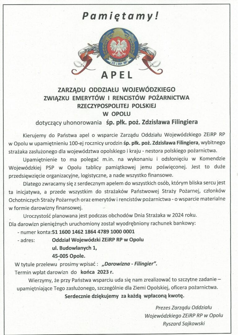 APEL Zarządu Oddziału Wojewódzkiego ZEiRP RP w Opolu